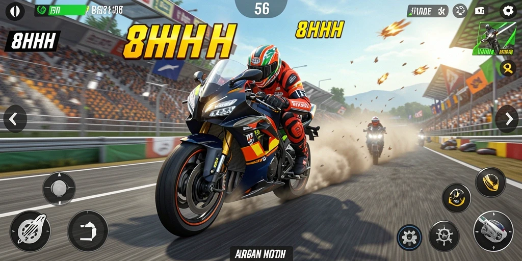Gameplay 8HHH yang seru dan mendebarkan dalam balapan motor.