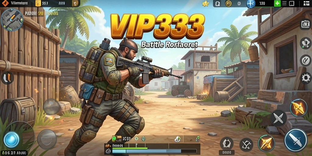 Screenshot utama menunjukkan pertempuran intens dalam game Battle Royale.