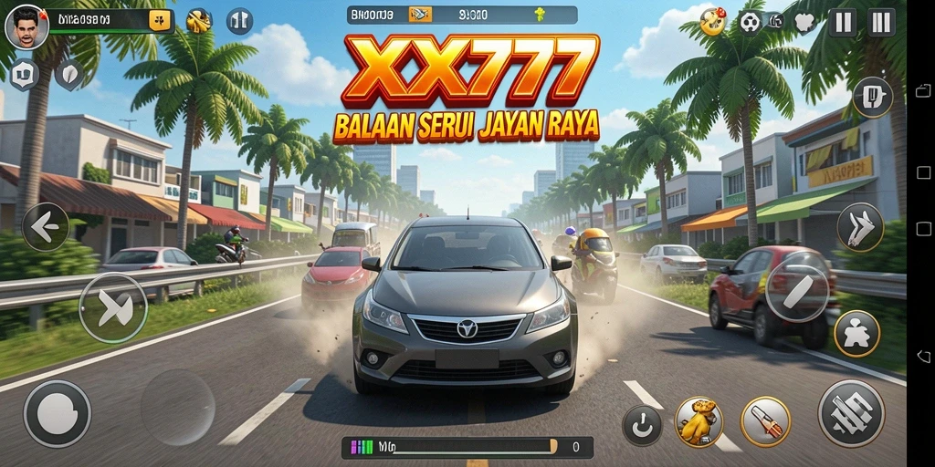 Gameplay XXX777 yang mendebarkan dengan mobil balap yang cepat.